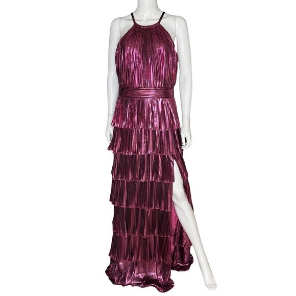 Mac Duggal Rose High Neck Pleated Tiered Ruffle Metallic Gown Women’s Sz 10 - Picture 2 of 9